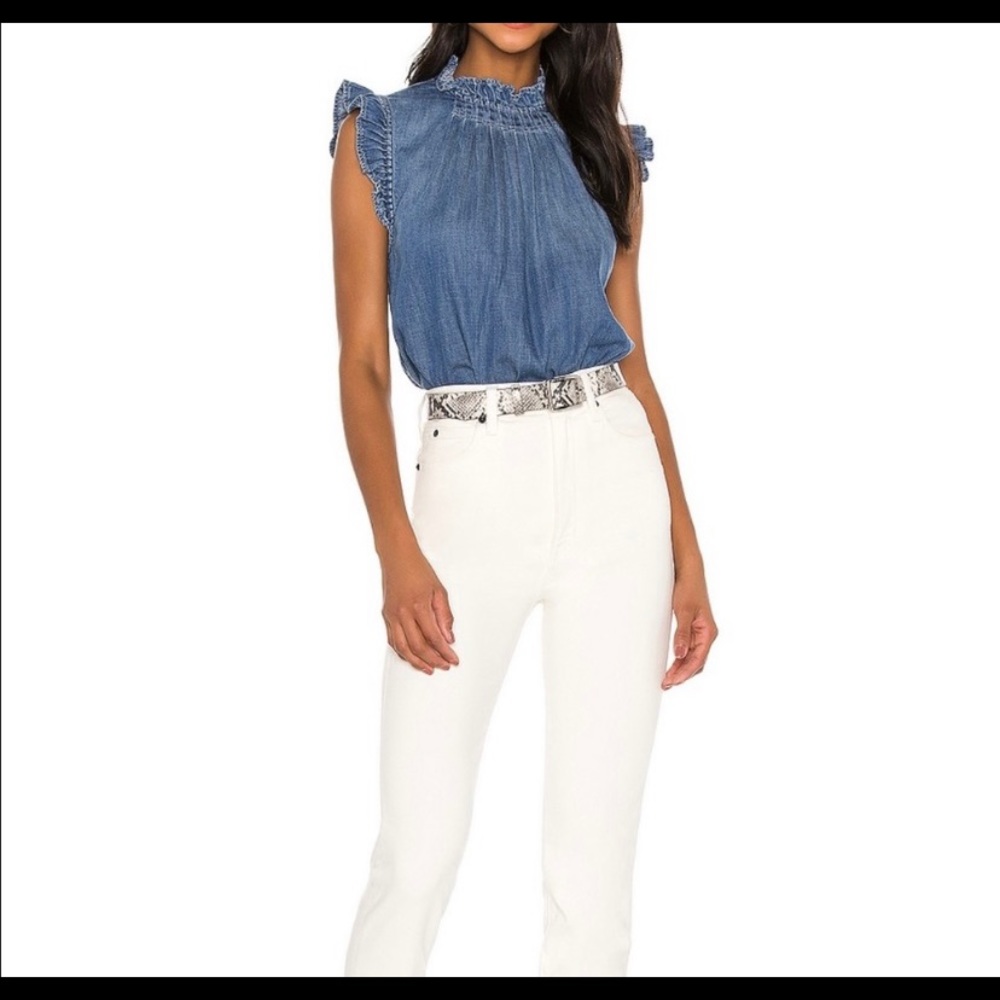 FRAME Ruffle-Trimmed Denim Top - Picture 3 of 7
